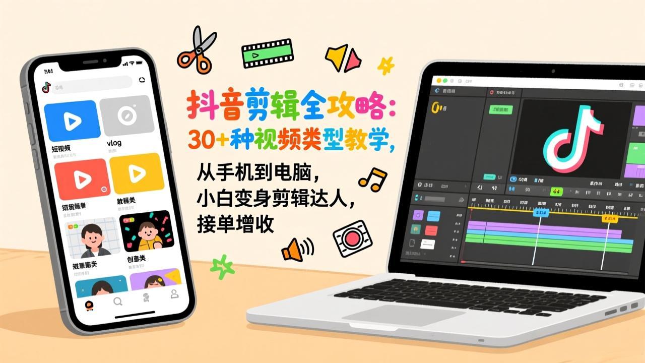 抖音剪辑全攻略：30+种视频类型教学，从手机到电脑，小白变身剪辑达人，接单增收-自媒小站网创副业站