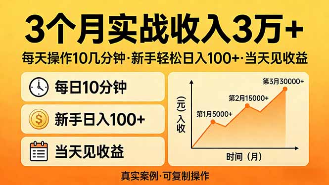 3个月实战收入3万+，每天操作10几分钟，新手轻松日入100+，当天见收益-自媒小站网创副业站