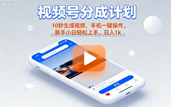 视频号分成计划懒人玩法，10秒生成视频，手机一键操作，新手小白轻松上手，日入1K【揭秘】-自媒小站网创副业站