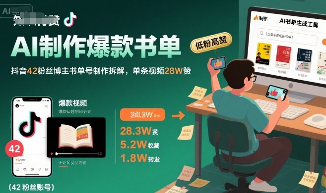 AI制作爆款书单，抖音42粉丝博主书单号制作拆解，单条视频28W赞-自媒小站网创副业站
