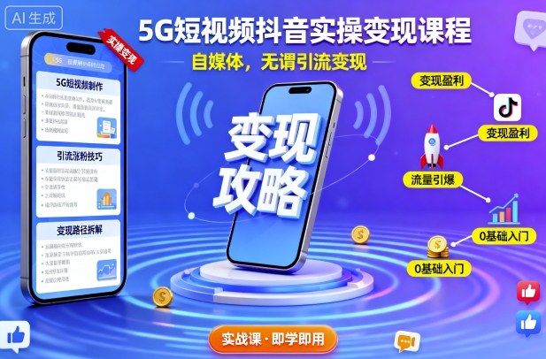 5G短视频抖音实操变现课程，自媒体，无谓引流变现-自媒小站网创副业站