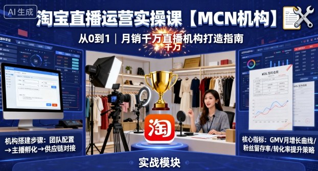 淘宝直播运营实操课【MCN机构】，从0到1做一家月销千W的直播机构-自媒小站网创副业站