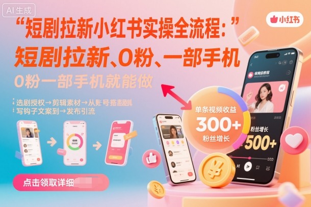 短剧拉新小红书实操全流程，0粉一部手机就可以做，详细教程-自媒小站网创副业站