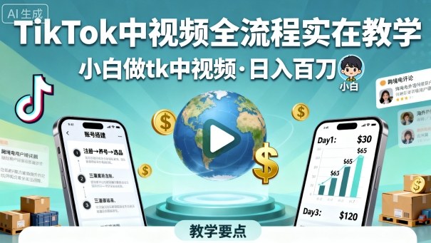 TikTok中视频全流程实操教学，小白做tk中视频，日入百刀-自媒小站网创副业站