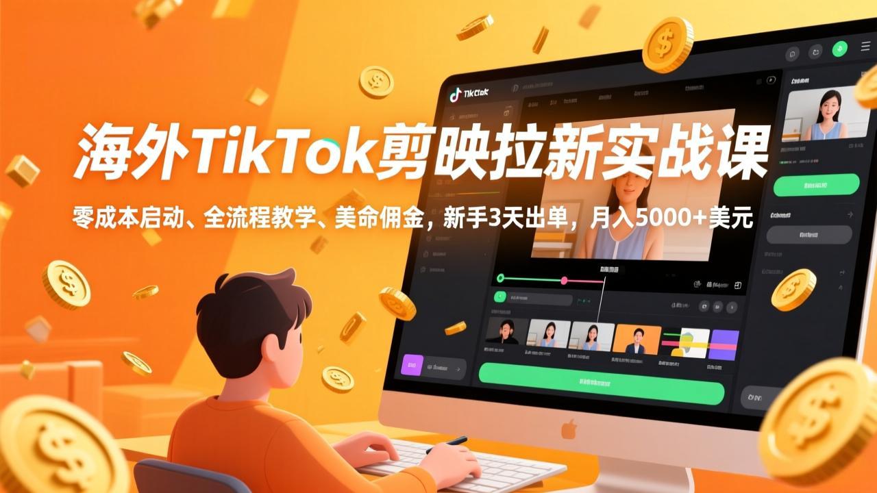 海外TikTok剪映拉新实战课，零成本启动、全流程教学、美金佣金，新手3天出单，月入5000+美元-自媒小站网创副业站