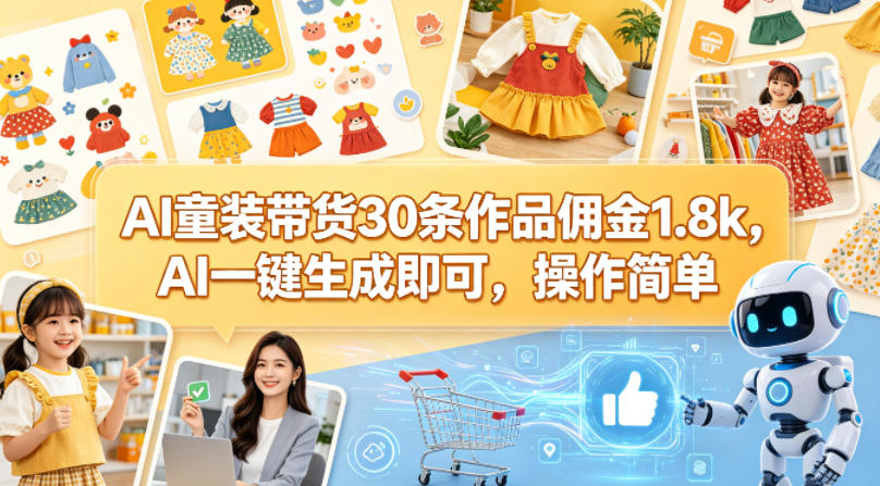 AI童装带货30条作品佣金1.8k，AI一键生成即可，操作简单-自媒小站网创副业站