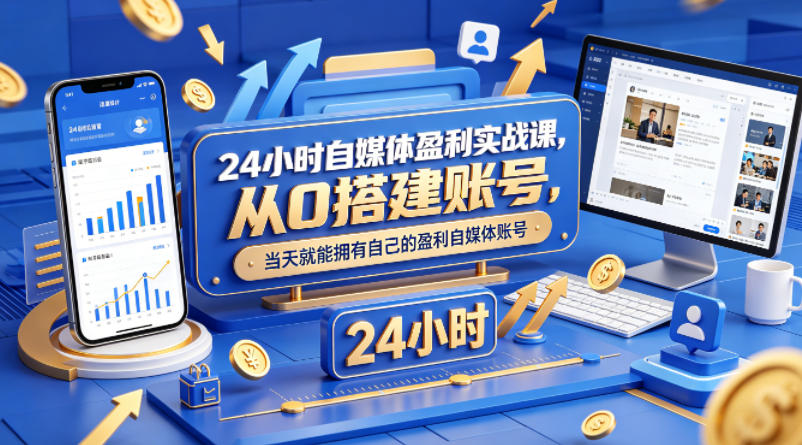 24小时自媒体盈利实战课，从0搭建账号，当天就能拥有自己的盈利自媒体账号-自媒小站网创副业站