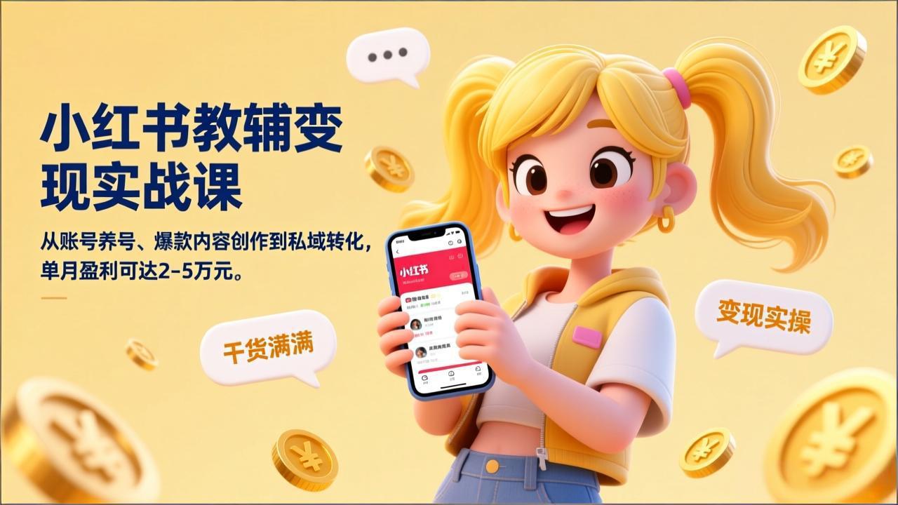 小红书教辅变现实战课，从账号养号、爆款内容创作到私域转化，单月盈利可达2-5万元-自媒小站网创副业站