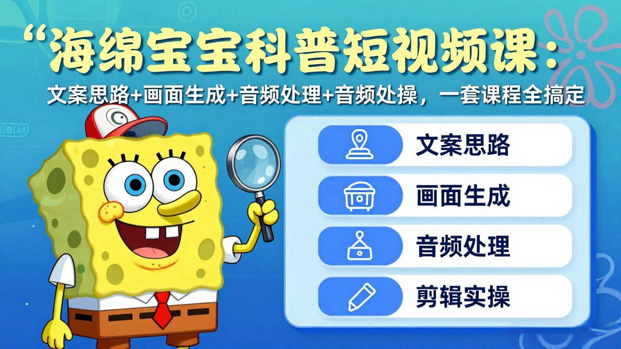 海绵宝宝科普短视频课：文案思路+画面生成+音频处理+剪辑实操，一套课程全搞定-自媒小站网创副业站