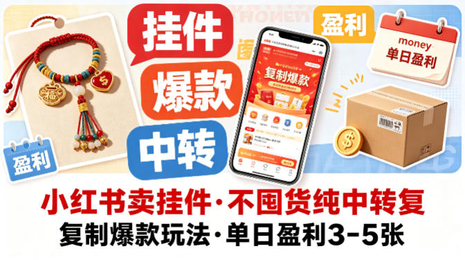 小红书卖挂件，不囤货纯中转复制爆款玩法，单日盈利3-5张-自媒小站网创副业站