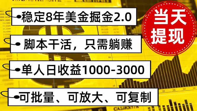 稳定8年美金掘金2.0脚本干活，只需躺赚。单人日收益1000-3000可批量、…-自媒小站网创副业站