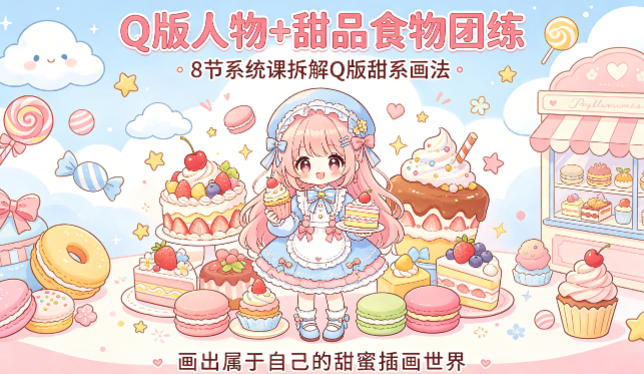 Q版人物+甜品食物团练，8节系统课拆解Q版甜系画法，画出属于自己的甜蜜插画世界-自媒小站网创副业站