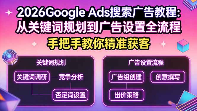 2026Google Ads搜索广告教程：从关键词规划到广告设置全流程，手把手教你精准获客-自媒小站网创副业站