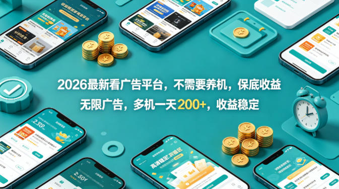 2026最新看广告平台，不需要养机，保底收益，无限广告，多机一天200+，收益稳定【揭秘】-自媒小站网创副业站