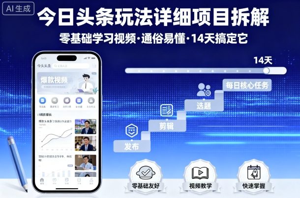 今日头条玩法详细项目拆解，零基础学习视频 通俗易懂 14天搞定它-自媒小站网创副业站
