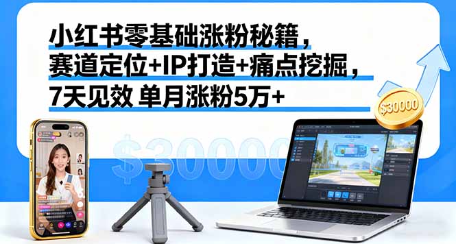 小红书零基础涨粉秘籍，赛道定位+IP打造+痛点挖掘，7天见效 单月涨粉5万+-自媒小站网创副业站