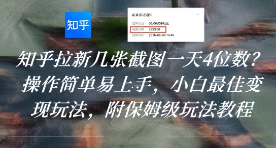 知乎拉新几张截图一天4位数？操作简单易上手，小白最佳变现玩法，附保姆级玩法教程-自媒小站网创副业站