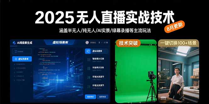 2025无人直播实战技术-8月，涵盖半无人/纯无人/AI实景/绿幕录播等主流玩法-自媒小站网创副业站