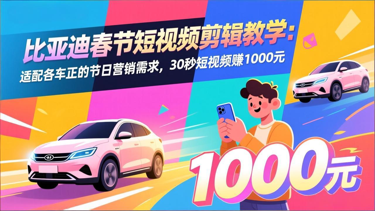 比亚迪春节短视频剪辑教学：适配各车企的节日营销需求，30秒短视频赚1000元-自媒小站网创副业站