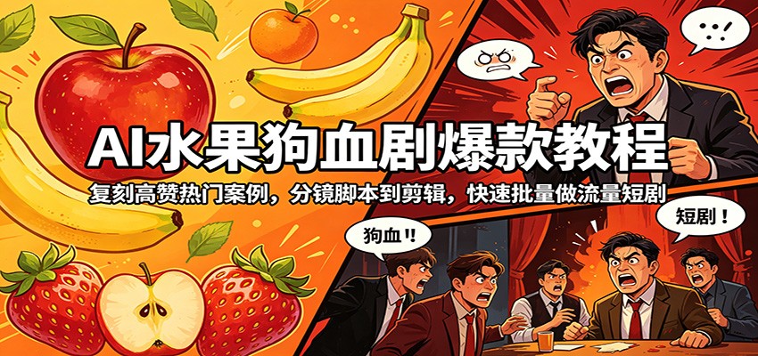AI水果狗血剧爆款教程：复刻高赞热门案例，分镜脚本到剪辑，快速批量做流量短剧-自媒小站网创副业站