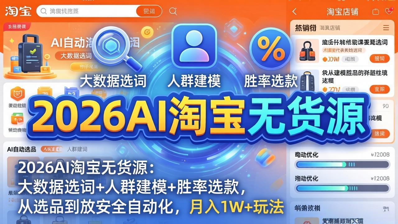 2026AI淘宝无货源：大数据选词+人群建模+胜率选款，从选品到放大全自动化，月入1W+玩法-自媒小站网创副业站