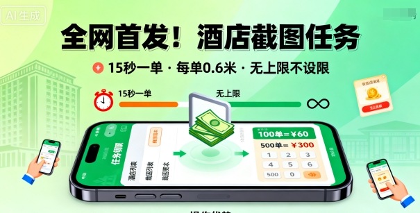 全网首发！酒店截图任务，15秒一单，每单0.6米，任务无上限不设限，矩阵操作单日3张到手【揭秘】-自媒小站网创副业站