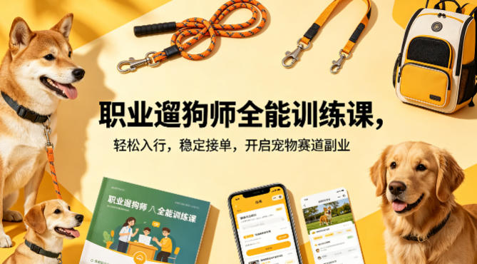 职业遛狗师全能训练课，轻松入行，稳定接单，开启宠物赛道副业-自媒小站网创副业站