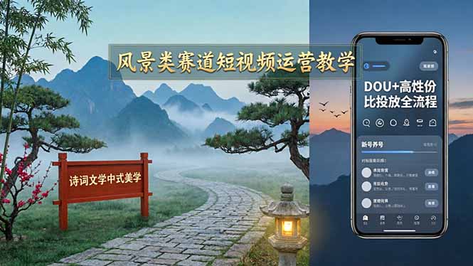 风景类赛道短视频运营教学：诗词文学中式美学，新号养号对标账号定位，DOU+高性价比投放全流程-自媒小站网创副业站