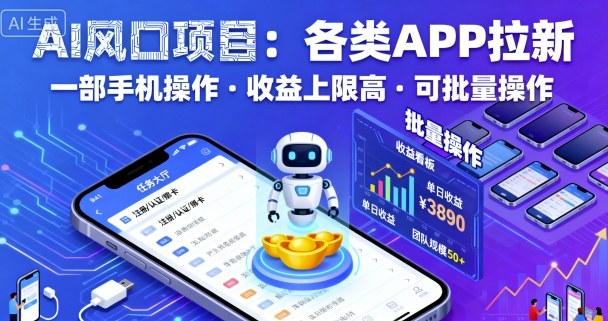 AI风口项目，各类APP拉新，一部手机就可以操作，收益上限高，可批量操作-自媒小站网创副业站