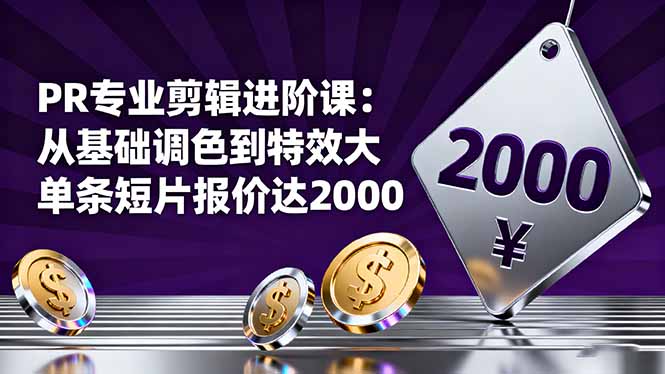 PR专业剪辑进阶课：从基础调色到特效大片的进阶技能，单条短片报价达2000-自媒小站网创副业站