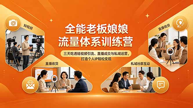 全能老板娘流量体系训练营，三天吃透短视频引流、直播成交与私域运营，打造个人IP轻松变现-自媒小站网创副业站