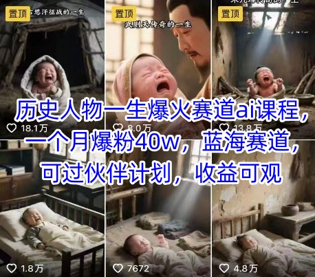 历史人物一生爆火赛道ai课程，一个月爆粉40w，蓝海赛道，可过伙伴计划，收益可观-自媒小站网创副业站