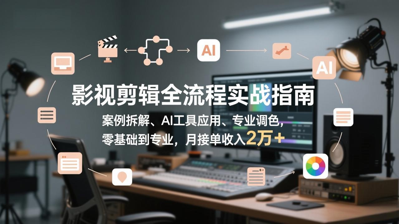 影视剪辑全流程实战指南，案例拆解、AI工具应用、专业调色，零基础到专业，月接单收入2万+-自媒小站网创副业站