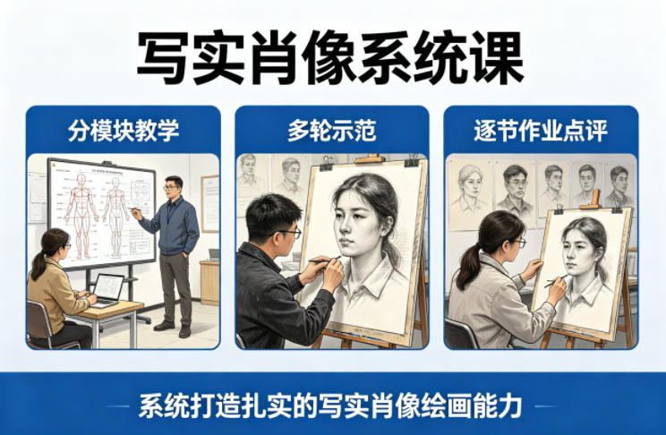 写实肖像系统课，全程分模块教学+多轮示范+逐节作业点评，系统打造扎实的写实肖像绘画能力-自媒小站网创副业站