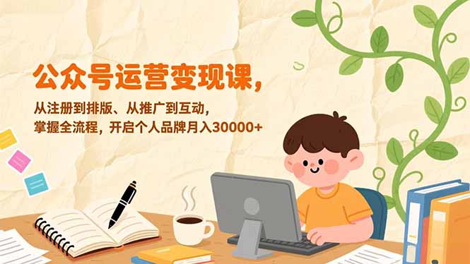 公众号运营变现课，从注册到排版、从推广到互动，掌握全流程，开启个人品牌月入30000+-自媒小站网创副业站